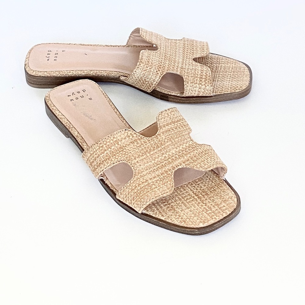 3/$25 A New Day Womens Woven Raffia H-Band Slide Sandals Tan Square Toe Flat 6